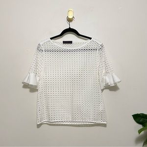 Trussardi Jeans White Eyelet Lace Short Ruffle Sleeve Boatneck Blouse Top